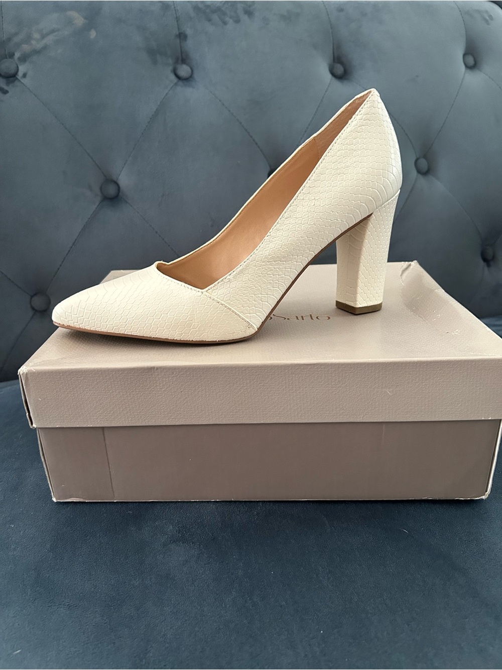 Franco Sarto Cream Textured Pointed Block Heel Pump